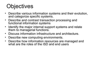 Objectives
• Describe various information systems and their evolution,
and categorize specific systems.
• Describe and contrast transaction processing and
functional information systems
• Identify the major internal support systems and relate
them to managerial functions.
• Discuss information infrastructure and architecture.
• Describe new computing environments.
• Describe how information resources are managed and
what are the roles of the ISD and end users
 