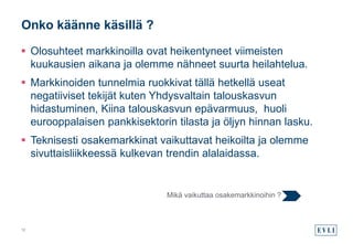  Olosuhteet markkinoilla ovat heikentyneet viimeisten
kuukausien aikana ja olemme nähneet suurta heilahtelua.
 Markkinoiden tunnelmia ruokkivat tällä hetkellä useat
negatiiviset tekijät kuten Yhdysvaltain talouskasvun
hidastuminen, Kiina talouskasvun epävarmuus, huoli
eurooppalaisen pankkisektorin tilasta ja öljyn hinnan lasku.
 Teknisesti osakemarkkinat vaikuttavat heikoilta ja olemme
sivuttaisliikkeessä kulkevan trendin alalaidassa.
Onko käänne käsillä ?
12
Mikä vaikuttaa osakemarkkinoihin ?
 
