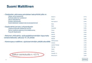 Suomi Maltillinen
33
- Osakkeiden valinnassa painotetaan laatuyhtiöitä joilla on:
Vakaa vahva kassavirta
Korkeat pääoman tuottoluvut
Vahva taserakenne
Korkea osinkotuotto
Keskimääräistä matalammat arvostuskertoimet
- Osakevalinta perustuu yritysanalyysiin
Liiketoimintamalli todistetusti toimiva
Vahva markkina-asema ja hinnoitteluvoima
Pysyvät kilpailuedut
- Aktiivinen yhtiövalinta, sijoituspäätökset tehdään riippumatta
vertailuindeksistä, salkussa 15- 20 yhtiötä
- Kiertonopeus maltillinen, sijoitukset tehdään pitkällä aikavälillä
Sampo A 9.71%
Kone B 8.80%
Amer Sports A 8.24%
Nokia 7.73%
Neste 7.13%
Huhtamäki 6.99%
Fortum 6.28%
Nordea 5.04%
Kesko B 4.92%
Cargotec 4.65%
Wärtsilä 4.22%
UPM-Kymmene 4.04%
Caverion 3.73%
Lassila & Tikanoja 3.48%
Tieto Oyj 3.25%
Valmet 3.13%
Kemira 2.99%
Oriola-KD - B 2.83%
Stora Enso R 2.83%
Salkun osinkotuotto n. 4,5 %
 
