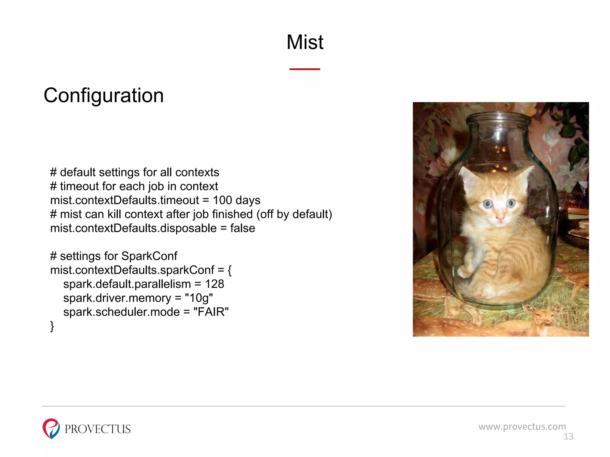 Mist
www.provectus.com
Configuration
13
# default settings for all contexts
# timeout for each job in context
mist.contextDefaults.timeout = 100 days
# mist can kill context after job finished (off by default)
mist.contextDefaults.disposable = false
# settings for SparkConf
mist.contextDefaults.sparkConf = {
spark.default.parallelism = 128
spark.driver.memory = "10g"
spark.scheduler.mode = "FAIR"
}
 