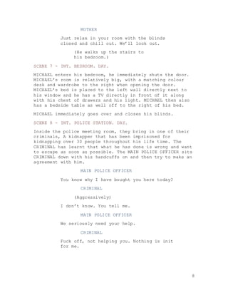 8
MOTHER
Just relax in your room with the blinds
closed and chill out. We’ll look out.
(He walks up the stairs to
his bedroom.)
SCENE 7 - INT. BEDROOM. DAY.
MICHAEL enters his bedroom, he immediately shuts the door.
MICHAEL’s room is relatively big, with a matching colour
desk and wardrobe to the right when opening the door.
MICHAEL’s bed is placed to the left wall directly next to
his window and he has a TV directly in front of it along
with his chest of drawers and his light. MICHAEL then also
has a bedside table as well off to the right of his bed.
MICHAEL immediately goes over and closes his blinds.
SCENE 8 - INT. POLICE STATION. DAY.
Inside the police meeting room, they bring in one of their
criminals, A kidnapper that has been imprisoned for
kidnapping over 30 people throughout his life time. The
CRIMINAL has learnt that what he has done is wrong and want
to escape as soon as possible. The MAIN POLICE OFFICER sits
CRIMINAL down with his handcuffs on and then try to make an
agreement with him.
MAIN POLICE OFFICER
You know why I have bought you here today?
CRIMINAL
(Aggressively)
I don’t know. You tell me.
MAIN POLICE OFFICER
We seriously need your help.
CRIMINAL
Fuck off, not helping you. Nothing is init
for me.
 