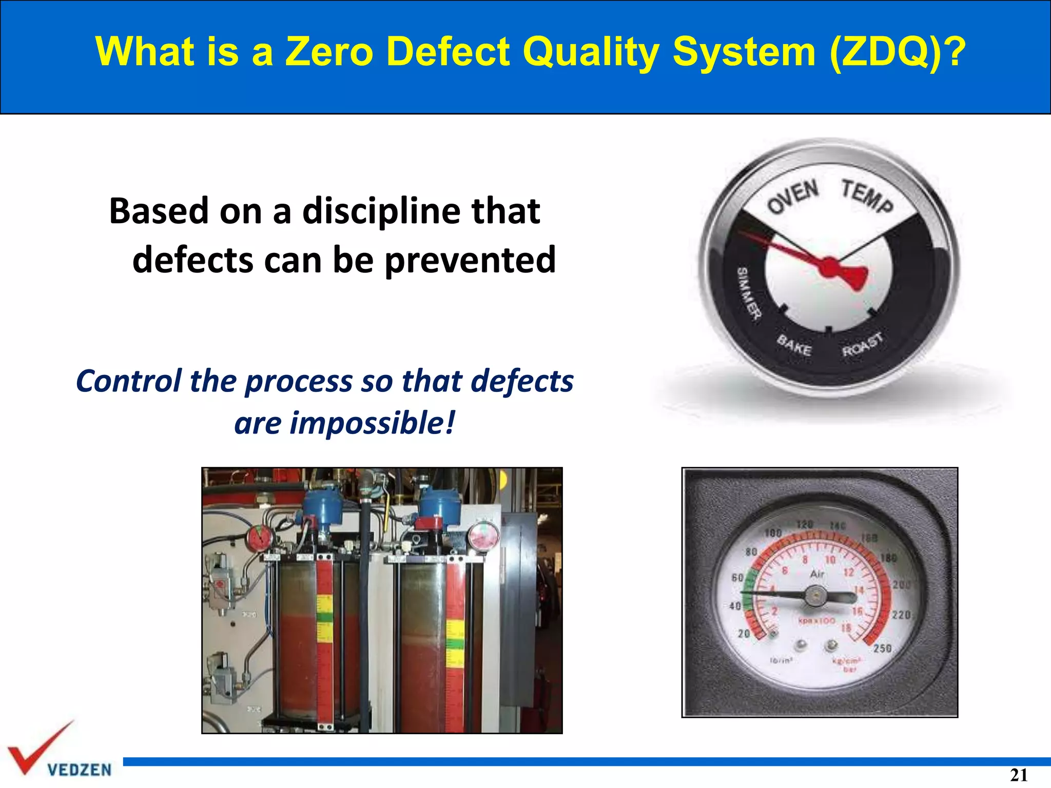 What is a Zero Defect Quality System (ZDQ)?

Based on a discipline that
defects can be prevented
Control the process so that defects
are impossible!

21

 