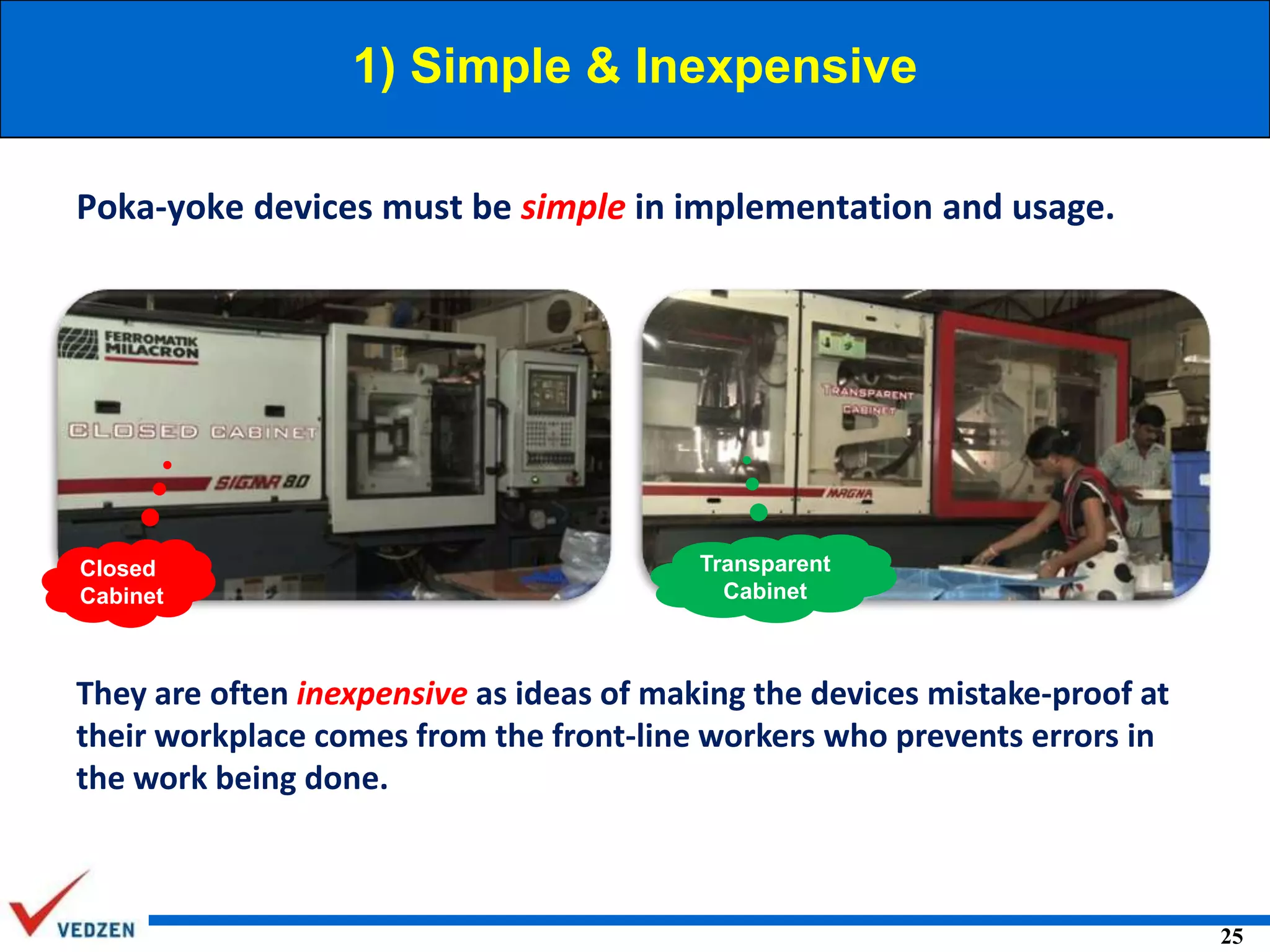 1) Simple & Inexpensive
Poka-yoke devices must be simple in implementation and usage.

Closed
Cabinet

Transparent
Cabinet

They are often inexpensive as ideas of making the devices mistake-proof at
their workplace comes from the front-line workers who prevents errors in
the work being done.

25

 