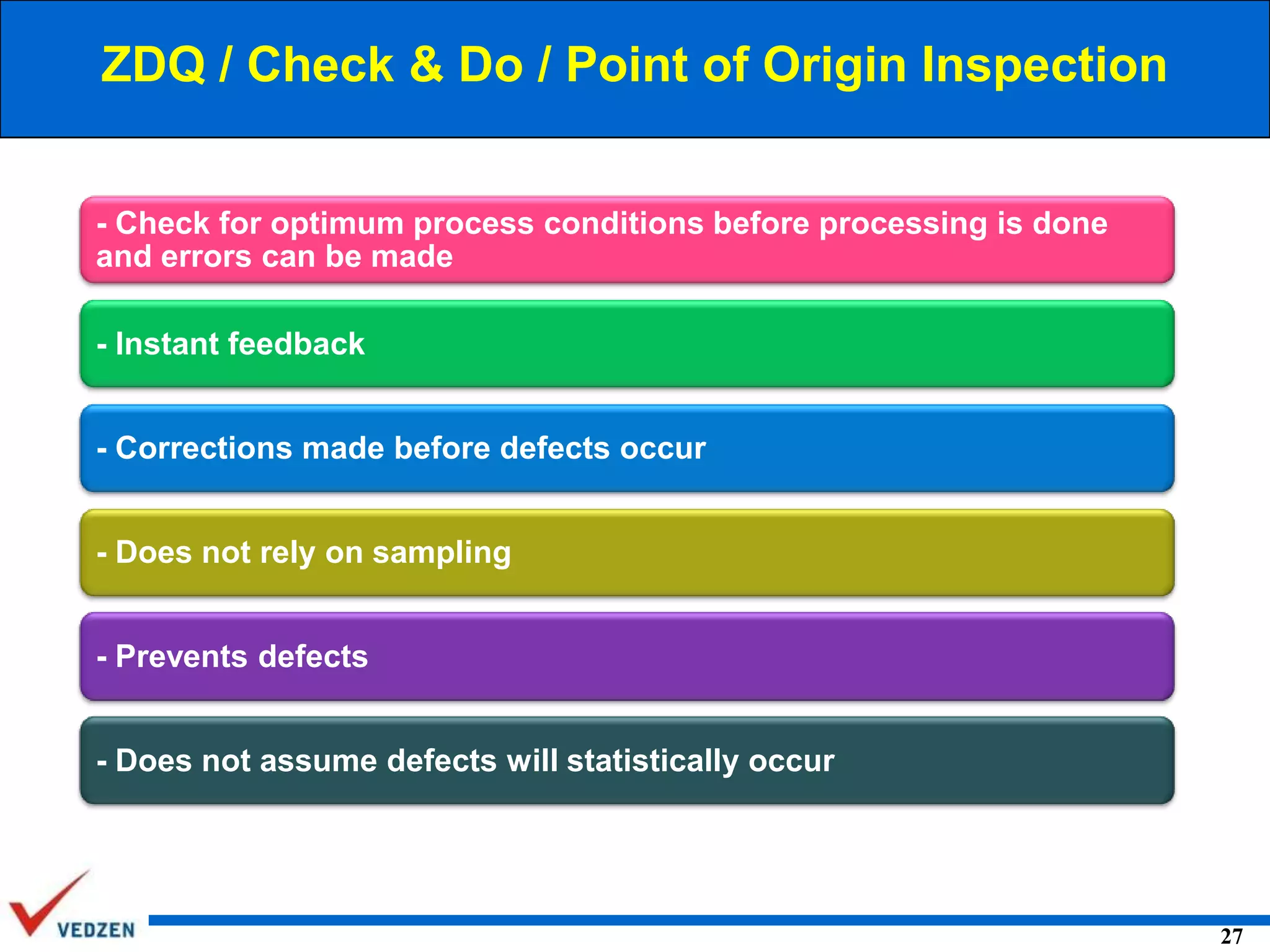 ZDQ / Check & Do / Point of Origin Inspection
- Check for optimum process conditions before processing is done
and errors can be made
- Instant feedback
- Corrections made before defects occur
- Does not rely on sampling
- Prevents defects
- Does not assume defects will statistically occur

27

 