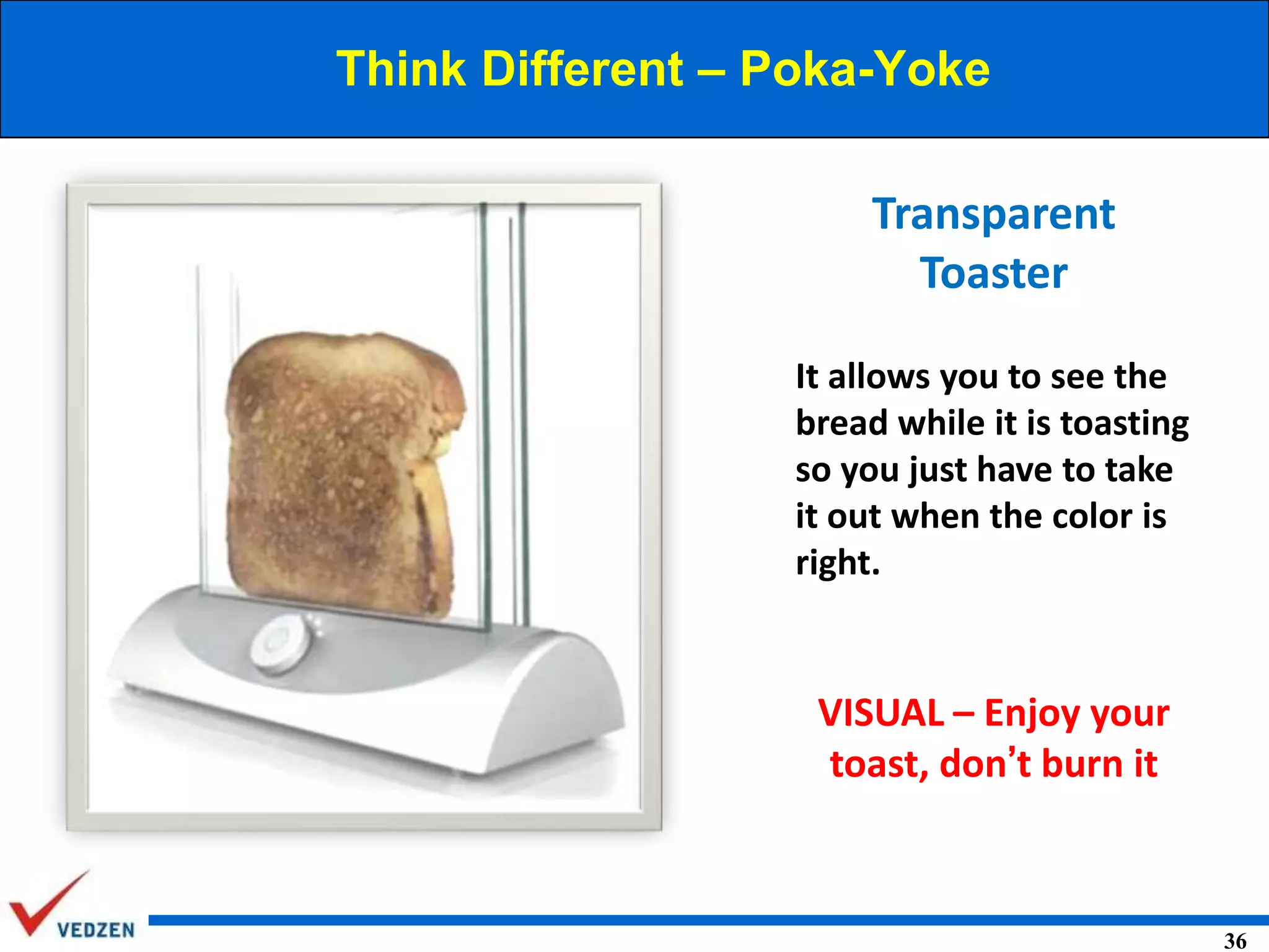 Think Different – Poka-Yoke

Transparent
Toaster
It allows you to see the
bread while it is toasting
so you just have to take
it out when the color is
right.

VISUAL – Enjoy your
toast, don’t burn it

36

 