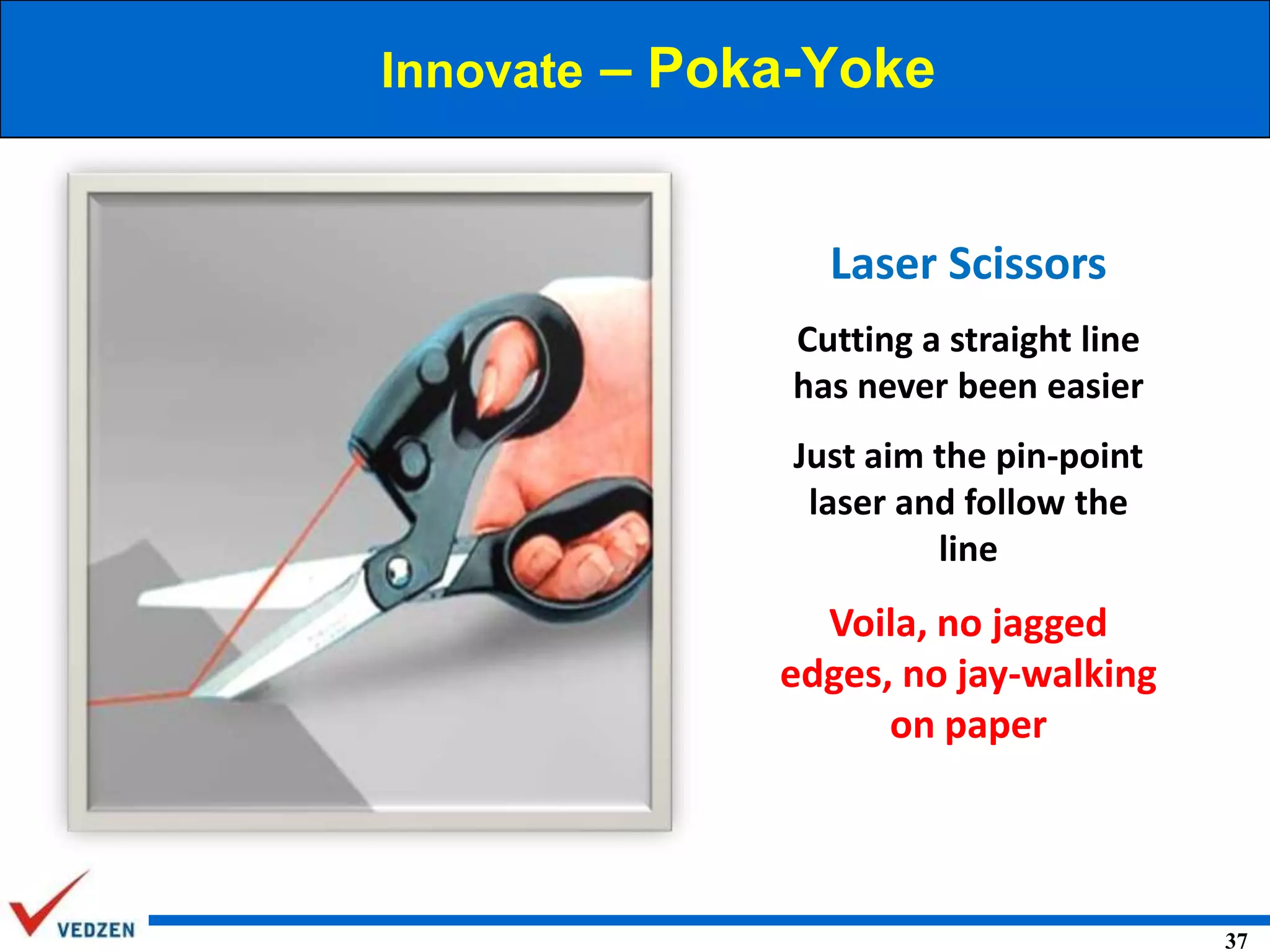 Innovate – Poka-Yoke

Laser Scissors
Cutting a straight line
has never been easier
Just aim the pin-point
laser and follow the
line

Voila, no jagged
edges, no jay-walking
on paper

37

 