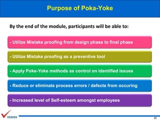 Purpose of Poka-Yoke
By the end of the module, participants will be able to:
- Utilize Mistake proofing from design phase to final phase

- Utilize Mistake proofing as a preventive tool
- Apply Poke-Yoke methods as control on identified issues
- Reduce or eliminate process errors / defects from occuring
- Increased level of Self-esteem amongst employees

11

 