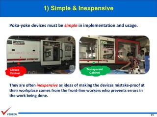 1) Simple & Inexpensive
Poka-yoke devices must be simple in implementation and usage.

Closed
Cabinet

Transparent
Cabinet

They are often inexpensive as ideas of making the devices mistake-proof at
their workplace comes from the front-line workers who prevents errors in
the work being done.

25

 