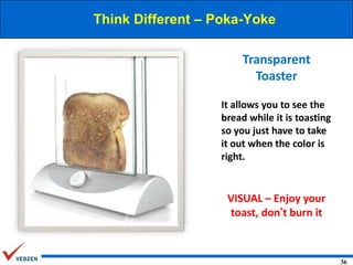 Think Different – Poka-Yoke

Transparent
Toaster
It allows you to see the
bread while it is toasting
so you just have to take
it out when the color is
right.

VISUAL – Enjoy your
toast, don’t burn it

36

 