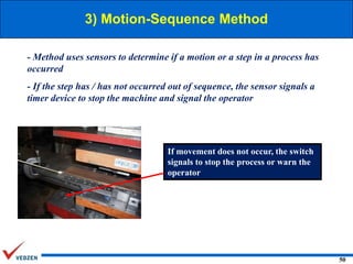 3) Motion-Sequence Method
- Method uses sensors to determine if a motion or a step in a process has
occurred
- If the step has / has not occurred out of sequence, the sensor signals a
timer device to stop the machine and signal the operator

If movement does not occur, the switch
signals to stop the process or warn the
operator

50

 
