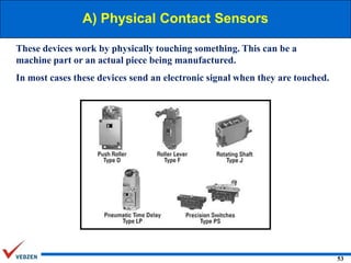 A) Physical Contact Sensors
These devices work by physically touching something. This can be a
machine part or an actual piece being manufactured.
In most cases these devices send an electronic signal when they are touched.

53

 
