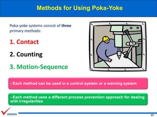 Methods for Using Poka-Yoke
Poka-yoke systems consist of three
primary methods:

1. Contact
2. Counting
3. Motion-Sequence
- Each method can be used in a control system or a warning system

- Each method uses a different process prevention approach for dealing
with irregularities

43

 