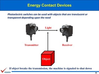 Energy Contact Devices
Photoelectric switches can be used with objects that are translucent or
transparent depending upon the need

Light

Transmitter

Receiver

Object

If object breaks the transmission, the machine is signaled to shut down
46

 