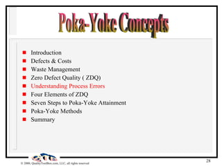 Introduction Defects & Costs Waste Management Zero Defect Quality ( ZDQ) Understanding Process Errors Four Elements of ZDQ Seven Steps to Poka-Yoke Attainment Poka-Yoke Methods Summary Poka-Yoke Concepts 