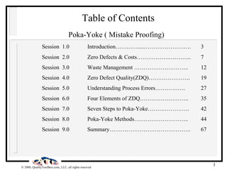 Table of Contents Poka-Yoke ( Mistake Proofing) Session  1.0 Introduction…….……...…………………….  3 Session  2.0 Zero Defects & Costs………………………..  7 Session  3.0 Waste Management ………………………..  12 Session  4.0 Zero Defect Quality(ZDQ)………………….  19 Session  5.0 Understanding Process Errors…………….  27 Session  6.0 Four Elements of ZDQ……………………..  35 Session  7.0 Seven Steps to Poka-Yoke………………….  42 Session  8.0 Poka-Yoke Methods………………………..  44 Session  9.0 Summary…………………………………….  67 