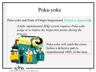 Poka-yoke Poke-yoke and Point of Origin Inspections(  Proactive Approach ): A fully implemented ZDQ system requires Poka-yoke  usage at or before the inspection points during the  process.  Poka-yoke will catch the errors before a defective part is manufactured 100% of the time. 