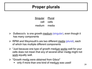 Proper plurals
Singular
cell
medium
Plural
cells
media
 Dulbecco's is one growth medium (singular), even though it
has many components
 RPMI and Weymouth's are two different media (plural), each
of which has multiple different components
 "Just because one type of growth medium works well for your
cells does not mean that any of several other media might not
work equally well.
 "Growth media were obtained from Gibco"
 only if more than one kind of medium was used!
24
 