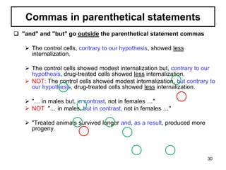 Commas in parenthetical statements
 "and" and "but" go outside the parenthetical statement commas
 The control cells, contrary to our hypothesis, showed less
internalization.
 The control cells showed modest internalization but, contrary to our
hypothesis, drug-treated cells showed less internalization.
 NOT: The control cells showed modest internalization, but contrary to
our hypothesis, drug-treated cells showed less internalization.
 "… in males but, in contrast, not in females …"
 NOT "… in males, but in contrast, not in females …"
 "Treated animals survived longer and, as a result, produced more
progeny.
30
 