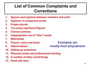 List of Common Complaints and
Corrections
1. Spaces and hyphens between numbers and units
2. Hyphens in compound words
3. Proper plurals
4. Too many significant figures
5. Correct commas
6. Inappropriate use of "time" words
7. Which/that
8. Person, voice and tense
9. Abbreviations
10. Setting up sentences
11. Misused words and professional wording
12. A number of other small things
13. Good old rules
Examples are
mostly from phys/pharm
6
 