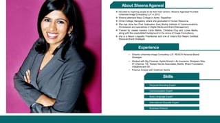 Body Language Expert
International Etiquette Expert
Business Protocol
Communication Expert
Personal Branding Expert
 Devoted to inspiring people to be their best version, Sheena Agarwaal founded
Urbanista Image Consulting LLP in 2010.
 Sheena attended Mayo College in Ajmer, Rajasthan.
 Christ College, Bangalore, where she graduated in Human Resource,
 She has done her Post Graduation from Mudra Institute of Communications,
Ahmedabad and specializes in Digital Media and Brand Management.
 Trained by master trainers Carla Mathis, Christina Ong and Lynne Marks,
along with the unparalleled background in the arena of Image Consultancy,
 she is a Neuro Linguistic Practitioner and one of India’s first Reach Certified
Personal Brand Strategist.
• Director Urbanista Image Consulting LLP, REACH Personal Brand
Strategist
Experience
Skills
• Finance Analyst with Goldman Sachs
• Worked with Big Cinemas, Apollo Munich Life Insurance, Shoppers Stop,
IIT Chennai, TiE, Ranjan Narula Associates, Beetle, Bharti Foundation,
Vodafone and GE.
About Sheena Agarwal
 
