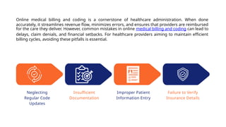 Online medical billing and coding is a cornerstone of healthcare administration. When done
accurately, it streamlines revenue flow, minimizes errors, and ensures that providers are reimbursed
for the care they deliver. However, common mistakes in online medical billing and coding can lead to
delays, claim denials, and financial setbacks. For healthcare providers aiming to maintain efficient
billing cycles, avoiding these pitfalls is essential.
Neglecting
Regular Code
Updates
Insufficient
Documentation
Improper Patient
Information Entry
Failure to Verify
Insurance Details
 