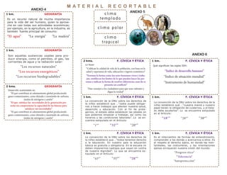 M A T E R I A L R E C O R T A B L E
ANEXO 4
ANEXO 5ANEXO 5
Es un recurso natural de mucha importancia
para la vida del ser humano, quien la aprove-
cha en casi todas sus actividades económicas;
por ejemplo, en la agricultura, en la industria, es
también fuente principal de consumo:
“El agua” “La energía” “La madera”
1 km.
Son aquellas sustancias usadas para pro-
ducir energía, como el petróleo, el gas, las
corrientes de agua y la radiación solar:
“Los recursos naturales”
“Los recursos energéticos”
“Los recursos biodegradables”
1 km.
GEOGRAFÍA
GEOGRAFÍA
Desarrollo sustentable es:
“El que contribuye al calentamiento global produciendo
gases contaminantes, como dióxido y monóxido de carbono,
óxidos de nitrógeno y azufre”
“El que satisface las necesidades de la generación pre-
sente sin comprometer la capacidad de las futuras para
satisfacer sus necesidades”
“El que contribuye al calentamiento global produciendo
gases contaminantes, como dióxido y monóxido de carbono,
óxidos de nitrógeno y azufre”
2 kms. GEOGRAFÍA
ANEXO 6
Qué significan las siglas IDH:
“Índice de desarrollo humano”
“Índice de situación mundial”
“Instrumento de humanidad”
1 km. F. CÍVICA Y ÉTICA
La convención de la ONU sobre los derechos de la
niñez estableció qué …“nuestra mamá y nuestro
papá tienen la obligación de cuidarnos, y el Esta-
do debe ayudarlos”. Lo se encuentra estipulado
en el Artículo:
“18°” “28°” “38°”
1 km. F. CÍVICA Y ÉTICA
Es el intercambio de formas de entendimiento,
comprender a los demás y acercarnos a ellos. Es
el respeto al derecho ajeno, en donde las men-
talidades, las costumbres, y las orientaciones
ajenas enriquecen nuestra visión del mundo:
“Progreso ético”
“Tolerancia”
“Autoprotección”
1 km. F. CÍVICA Y ÉTICA
La convención de la ONU sobre los derechos de
la niñez estableció que …“todos tenemos derecho
a la educación. En nuestro país la educación
básica es gratuita y obligatoria. En la escuela no
deben imponernos castigos que vayan en contra
de nuestra dignidad”. Lo que se encuentra es-
tipulado en el Artículo:
“43°” “35°” “28°”
1 km. F. CÍVICA Y ÉTICA
La convención de la ONU sobre los derechos de
la niñez estableció que …“nadie puede obligar-
nos a hacer trabajos que afecten nuestra salud,
desarrollo y educación. Con el fin de prote-
gernos, el estado debe establecer las edades en
que podemos empezar a trabajar, así como los
horarios y las condiciones laborales”. Lo se en-
cuentra estipulado en el Artículo:
“1°” “32°” “20°”
1 km. F. CÍVICA Y ÉTICA
La leyes:
“Califican la calidad de vida de la población, con base en la
salud y esperanza de vida, educación e ingreso económico”
“Norman la forma como los seres humanos viven y traba-
jan, establecen los límites de lo que pueden hacer las per-
sonas e indican la forma de resolver diferencias cuan do se
presenta un conflicto”
“Dan consejos a los ciudadanos para que sean valientes y
digan la verdad”
2 kms. F. CÍVICA Y ÉTICA
c lim a po l ar
c lim a
t e mp l a d o
c lim a
t r o p i cal
 