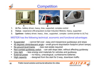1.1.1.1. ULTraULTraULTraULTra – battery driven, heavy, tires, supported, complex control
2.2.2.2. VectusVectusVectusVectus – expensive LIM propulsion (Linear Induction Motors), heavy, supported
3.3.3.3. 2getthere2getthere2getthere2getthere – battery driven, heavy , tires , supported , complex control (similar to ULTra)
Competition
1 2 3
www.mistwww.mist--er.comer.com
MISTER has the following technical, economic and functional advantages
• Suspended - cannot fall over ; easy and inexpensive guideways and stops
• 45 degrees climb/descent angle – small ground stop/station footprint (short ramps)
• No ground level tracks - less real estate required
• Non-contact guideway switch - can add stops later, without affecting guideway
• Very light - less energy and materials for vehicles and guideway
• External power - no heavy, unecological, cumbersome batteries
• High capacity - designed from the start for 2-way, downtown traffic
22 Public transit solution and tourist attraction for cities
 