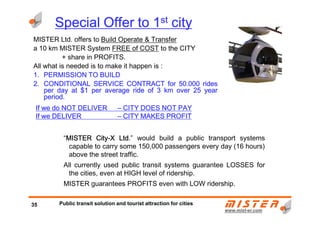 Special Offer to 1Special Offer to 1Special Offer to 1Special Offer to 1stststst citycitycitycity
MISTER Ltd. offers to Build Operate & Transfer
a 10 km MISTER System FREE of COST to the CITY
+ share in PROFITS.
All what is needed is to make it happen is :
1.1.1.1. PPPPERMISSIONERMISSIONERMISSIONERMISSION TOTOTOTO BUILDBUILDBUILDBUILD
2.2.2.2. CONDITIONALCONDITIONALCONDITIONALCONDITIONAL SERVICESERVICESERVICESERVICE CONTRACTCONTRACTCONTRACTCONTRACT forforforfor 55550000....000000000000 ridesridesridesrides
perperperper daydaydayday atatatat $$$$1111 perperperper averageaverageaverageaverage rideriderideride ofofofof 3333 kmkmkmkm overoveroverover 22225555 yearyearyearyear
periodperiodperiodperiod....
If we do NOT DELIVERIf we do NOT DELIVERIf we do NOT DELIVERIf we do NOT DELIVER –––– CITYCITYCITYCITY DODODODOESESESES NOT PAYNOT PAYNOT PAYNOT PAY
If we DELIVERIf we DELIVERIf we DELIVERIf we DELIVER –––– CITY MAKES PROFITCITY MAKES PROFITCITY MAKES PROFITCITY MAKES PROFIT
www.mistwww.mist--er.comer.com
“MISTERMISTERMISTERMISTER CityCityCityCity----XXXX LLLLtdtdtdtd....” would build a public transport systems
capable to carry some 150,000 passengers every day (16 hours)
above the street traffic.
All currently used public transit systems guarantee LOSSES for
the cities, even at HIGH level of ridership.
MISTER guarantees PROFITS even with LOW ridership....
If we DELIVERIf we DELIVERIf we DELIVERIf we DELIVER –––– CITY MAKES PROFITCITY MAKES PROFITCITY MAKES PROFITCITY MAKES PROFIT
35 Public transit solution and tourist attraction for cities
 