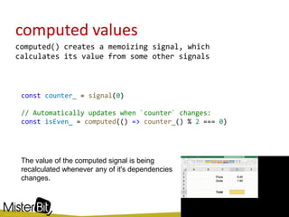 computed values
computed() creates a memoizing signal, which
calculates its value from some other signals
const counter_ = signal(0)
// Automatically updates when `counter` changes:
const isEven_ = computed(() => counter_() % 2 === 0)
The value of the computed signal is being
recalculated whenever any of it's dependencies
changes.
 