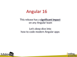 Angular 16
This release has a significant impact
on any Angular team
Let's deep dive into
how to code modern Angular apps
 