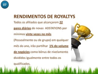 07


     RENDIMENTOS DE ROYALTYS
     Todos os afiliados que alcançarem 22
     pares diários de novas ADSTATIONS por
     mínimos vinte vezes no mês
     (Pessoalmente ou de grupo) em qualquer
     mês do ano, irão partilhar 1% do volume
     de negócios como bônus de nivelamento
     divididos igualmente entre todos os
     qualificados.
 