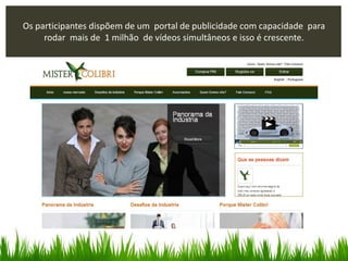 h t t p : / / m e u c o l i b r i . m i s t e r c o l i b r i . c o m
Os participantes dispõem de um portal de publicidade com capacidade para
rodar mais de 1 milhão de vídeos simultâneos e isso é crescente.
 
