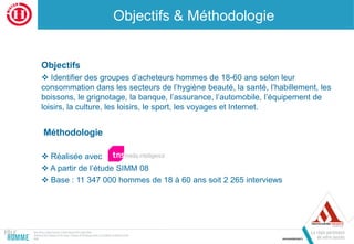 Objectifs & Méthodologie
Objectifs
 Identifier des groupes d’acheteurs hommes de 18-60 ans selon leur
consommation dans les secteurs de l’hygiène beauté, la santé, l’habillement, les
boissons, le grignotage, la banque, l’assurance, l’automobile, l’équipement de
loisirs, la culture, les loisirs, le sport, les voyages et Internet.
Méthodologie
 Réalisée avec
 A partir de l’étude SIMM 08
 Base : 11 347 000 hommes de 18 à 60 ans soit 2 265 interviews
 