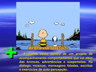 +

9 alunos estão dentro de um projeto de
acompanhamento comportamental que vai além
das broncas, advertências e suspensões. Há
diálogo, músicas, mensagens faladas, escritas
e exercícios de auto-percepção.

 