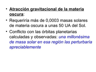 Atracción gravitacional de la materia oscura : Requeriría más de 0,0003 masas solares de materia oscura a unas 50 UA del Sol. Conflicto con las órbitas planetarias calculadas y observadas:  una millonésima de masa solar en esa región las perturbaría apreciablemente 