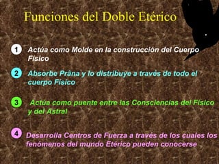 Funciones del Doble Etérico

1   Actúa como Molde en la construcción del Cuerpo
    Físico

2   Absorbe Prâna y lo distribuye a través de todo el
    cuerpo Físico

3    Actúa como puente entre las Consciencias del Físico
    y del Astral


4   Desarrolla Centros de Fuerza a través de los cuales los
    fenómenos del mundo Etérico pueden conocerse
 