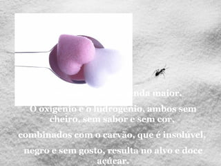 Mas há maravilha ainda maior.
  O oxigênio e o hidrogênio, ambos sem
      cheiro, sem sabor e sem cor,
combinados com o carvão, que é insolúvel,
 negro e sem gosto, resulta no alvo e doce
                 açúcar.
 