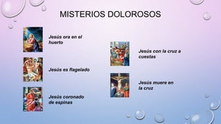 MISTERIOS DOLOROSOS 
Jesús ora en el 
huerto 
Jesús es flagelado 
Jesús coronado 
de espinas 
Jesús con la cruz a 
cuestas 
Jesús muere en 
la cruz 
 