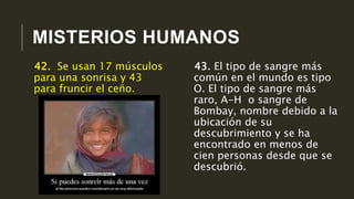 MISTERIOS HUMANOS
43. El tipo de sangre más
común en el mundo es tipo
O. El tipo de sangre más
raro, A-H o sangre de
Bombay, nombre debido a la
ubicación de su
descubrimiento y se ha
encontrado en menos de
cien personas desde que se
descubrió.
42. Se usan 17 músculos
para una sonrisa y 43
para fruncir el ceño.
 