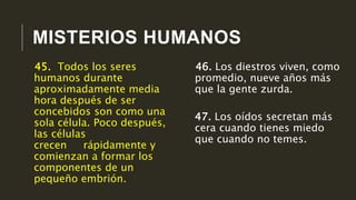MISTERIOS HUMANOS
46. Los diestros viven, como
promedio, nueve años más
que la gente zurda.
47. Los oídos secretan más
cera cuando tienes miedo
que cuando no temes.
45. Todos los seres
humanos durante
aproximadamente media
hora después de ser
concebidos son como una
sola célula. Poco después,
las células
crecen rápidamente y
comienzan a formar los
componentes de un
pequeño embrión.
 