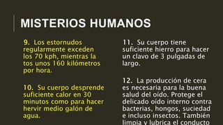 MISTERIOS HUMANOS
11. Su cuerpo tiene
suficiente hierro para hacer
un clavo de 3 pulgadas de
largo.
12. La producción de cera
es necesaria para la buena
salud del oído. Protege el
delicado oído interno contra
bacterias, hongos, suciedad
e incluso insectos. También
limpia y lubrica el conducto
9. Los estornudos
regularmente exceden
los 70 kph, mientras la
tos unos 160 kilómetros
por hora.
10. Su cuerpo desprende
suficiente calor en 30
minutos como para hacer
hervir medio galón de
agua.
 