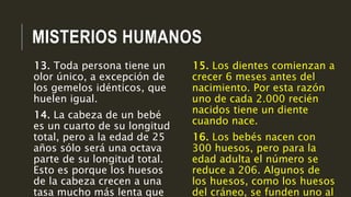 MISTERIOS HUMANOS
15. Los dientes comienzan a
crecer 6 meses antes del
nacimiento. Por esta razón
uno de cada 2.000 recién
nacidos tiene un diente
cuando nace.
16. Los bebés nacen con
300 huesos, pero para la
edad adulta el número se
reduce a 206. Algunos de
los huesos, como los huesos
del cráneo, se funden uno al
13. Toda persona tiene un
olor único, a excepción de
los gemelos idénticos, que
huelen igual.
14. La cabeza de un bebé
es un cuarto de su longitud
total, pero a la edad de 25
años sólo será una octava
parte de su longitud total.
Esto es porque los huesos
de la cabeza crecen a una
tasa mucho más lenta que
 