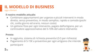 Il nostro modello attuale:
● Combinare appuntamenti per urgenze e piccoli interventi in modo
diretto, senza preventivo, in modo semplice, rapido e comodo (pochi
clic, scelta giorno ed orario, nessun costo)
● Un gettone fisso per ogni intervento, pagato dall’artigiano, per un
controvalore approssimativo del 5-10% del valore intervento
Presto:
● In aggiunta, sistema di richiesta preventivi (3-5 per richiesta)
● Pagamento di 5-15€ a preventivo per ogni artigiano che intende
partecipare
IL MODELLO DI BUSINESS
oggi e domani
58
 