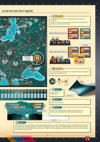 + + + Beispielrunde
Wir steigen zu Beginn von Runde 4 ein:
Mister X wählte die gelbe Mission und sein geheimer Startpunkt
war die Stadt 194.
Mister X beginnt wie immer die Runde. Er steht aktuell auf der 164.
Die Positionen der Detektive zu Beginn des Spielzugs sind:
Blau = 135, Rot = 111, Grün = 110, Gelb = 174, Schwarz = 84
Da 2 Detektive (Gelb und Blau) Mister X sehr nahe gekommen
sind, beschließt er, die Sonderaktion „Doppelzug“ zu spielen.
Hierzu nimmt er 3 Tickets mit dem Symbol der Fußspuren und
legt diese in die Schachtel zurück.
Von seinen 5 verbliebenen Tickets spielt er nun 2 weitere aus.
Zuerst spielt er ein Bahnticket und zieht (natürlich wie immer)
geheim auf die 137, anschließend spielt er ein Autoticket und
zieht auf die 136.
Beide Städte werden nun nacheinander auf der Checkliste
notiert. Die Checkliste sollte so weit eingeschoben werden, dass
die aktuelle Position immer bei der Fußspur ohne Zahl steht.
Zum Abschluss seines Zuges kann Mister X noch beliebig viele
seiner verbliebenen Tickets abwerfen. Im Anschluss ergänzt er
die Ticketzahl wieder auf 8.
Zur besseren
Übersicht
ist nur ein Teil
des Spielplans
dargestellt
Aus dem Spiel
(ví d trò chơi cho 3 ngư i)
Các ngư i chơi vào vai thám t nh n d u nhân v t và d u màu
tương ng.
M i thám t b c 4 vé t túi cũng như thêm 1 vé cho m i thám t
anh ta có. Các vé đư c đ t trên giá.
Mũ lư i trai
B ng ch d n
Danh sách
Ngư i A đi u khi n 2 thám t
Ngư i B đi u khi n 3 thám t
D u màu
Hình bát giác =
ô đích đ n
c a nhi m v
Các thám t
B c 1 th b t đ u cho m i thám t và đ t d u nhân v t lên thành ph
tương ng trên b ng trò chơi.
Mister X có 1 cái bút chì
Mister X nh n b ng ch d n và thêm vào m t danh sách m i.
Ô 0 c a danh sách đ t trên hình d u chân mà không có s .
Mister X ch n m t trong ba nhi m v : xanh lá (d ), vàng (trung bình), cam (khó). Ô b t đ u m t nhi m v đư c đánh d u b i vòng tròn
màu, và đích đ n tương ng c a nhi m v này có hình bát giác cùng màu. Trong khu v c b t đ u, Mister X bí m t ch n m t trong năm
thành ph có màu c a đi m b t đ u. Sau đó, anh ta bí m t ghi l i con s tương ng vào ô 0 trên danh sách. Anh ta ch nói v i các thám
t màu nhi m v mà anh ch n!
Mister X đ i mũ
lư i trai lên.
Các thám t
276
26514 Mister X Anl. 4-sprachig 27.08.2009 9:58 Uhr Seite 12
 