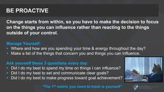BE PROACTIVE
Change starts from within, so you have to make the decision to focus
on the things you can influence rather than reacting to the things
outside of your control.
Manage Yourself:
 Where and how are you spending your time & energy throughout the day?
 Make a list of the things that concern you and things you can Influence.
Ask yourself these 3 questions every day:
 Did I do my best to spend my time on things I can influence?
 Did I do my best to set and communicate clear goals?
 Did I do my best to make progress toward goal achievement?
“The 1st metric you need to track is yourself”
 