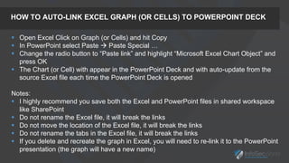 HOW TO AUTO-LINK EXCEL GRAPH (OR CELLS) TO POWERPOINT DECK
 Open Excel Click on Graph (or Cells) and hit Copy
 In PowerPoint select Paste  Paste Special …
 Change the radio button to “Paste link” and highlight “Microsoft Excel Chart Object” and
press OK
 The Chart (or Cell) with appear in the PowerPoint Deck and with auto-update from the
source Excel file each time the PowerPoint Deck is opened
Notes:
 I highly recommend you save both the Excel and PowerPoint files in shared workspace
like SharePoint
 Do not rename the Excel file, it will break the links
 Do not move the location of the Excel file, it will break the links
 Do not rename the tabs in the Excel file, it will break the links
 If you delete and recreate the graph in Excel, you will need to re-link it to the PowerPoint
presentation (the graph will have a new name)
 