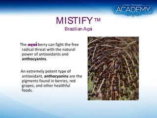 MISTIFY™
Brazilian Açai
The açaiberry can fight the free
radical threat with the natural
power of antioxidants and
anthocyanins.
An extremely potent type of
antioxidant, anthocyanins are the
pigments found in berries, red
grapes, and other healthful
foods.
 