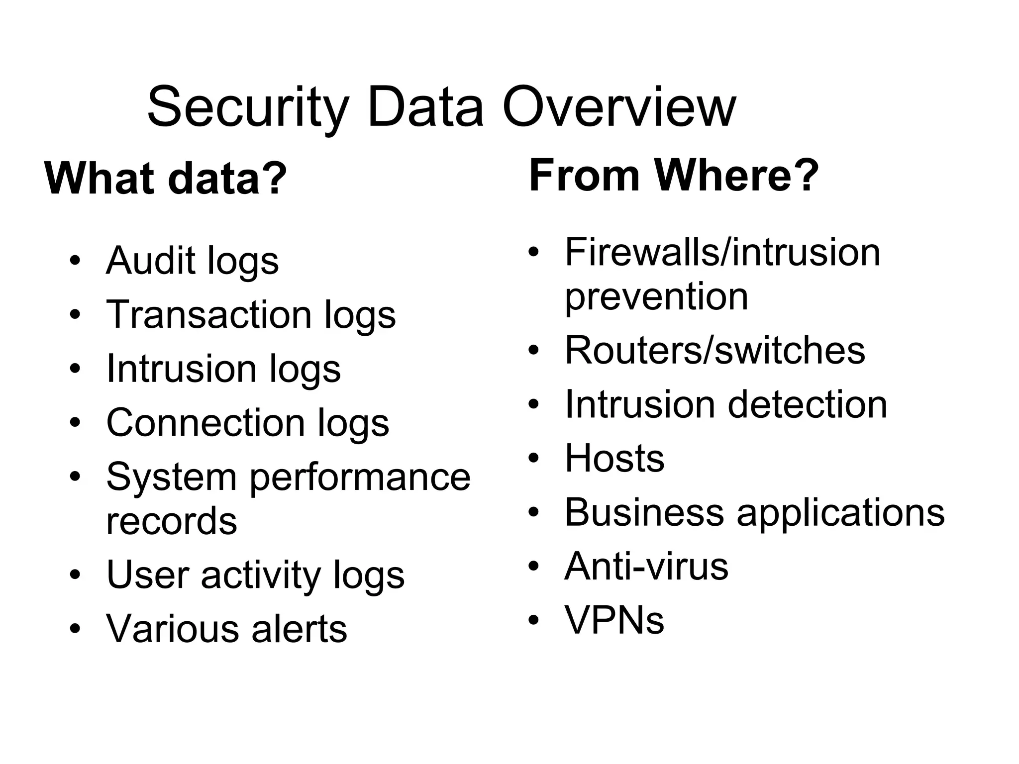 Security Data Overview Audit logs Transaction logs Intrusion logs Connection logs System performance records User activity logs Various alerts Firewalls/intrusion prevention Routers/switches Intrusion detection Hosts Business applications Anti-virus VPNs What data? From Where? 