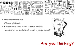 Are you thinking?
• Should we outsource or not?
• Will we get added value?
• Will there be a net gain after agency fees have been paid?
• How much effort and contribution will be required from our business?
 