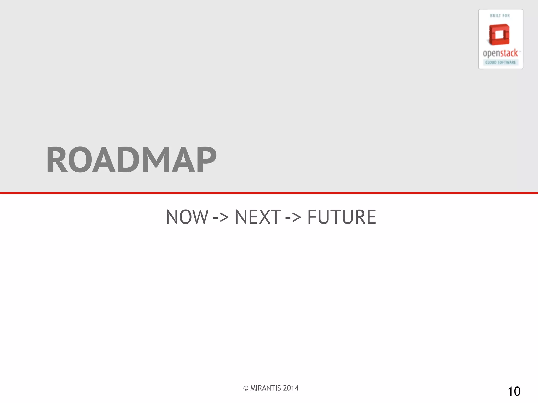 © MIRANTIS 2014
10
ROADMAP
NOW -> NEXT-> FUTURE
 